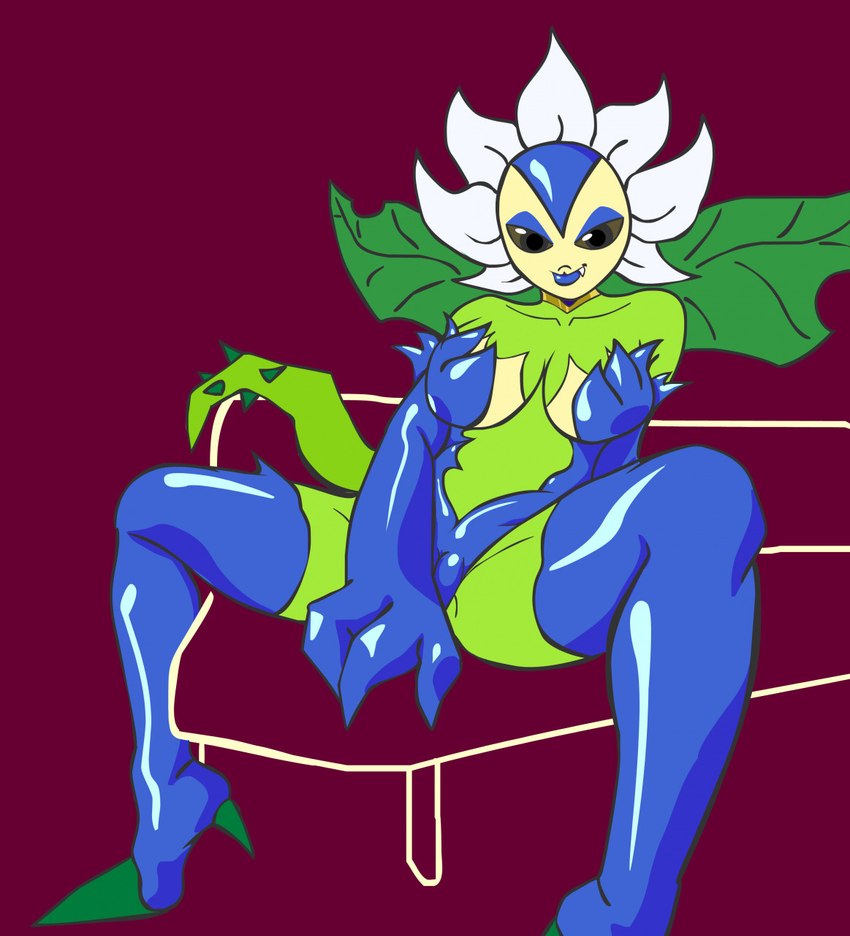 bedroom_eyes big_breasts breasts camel_toe clothed clothing curvy_figure cute_fangs fangs female flower looking_at_viewer narrowed_eyes not_furry plant seductive simple_background sitting smile solo spread_legs spreading sunflower teeth thick_thighs voluptuous wide_hips anonymous_artist bandai_namco digimon digimon_(species) elemental_creature elemental_humanoid flora_fauna flower_creature humanoid plant_humanoid sunflowmon digital_drawing_(artwork) digital_media_(artwork) hi_res