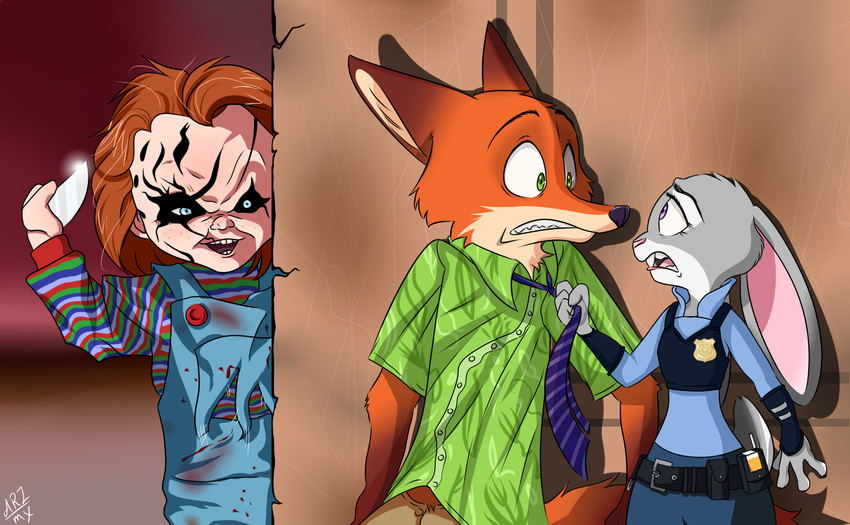 anthro belt bottomwear clothed clothing eye_contact fully_clothed fur group holding_knife holding_object knife looking_at_another necktie orange_body orange_fur pants police police_uniform shirt topwear uniform aralyre child's_play disney zootopia chucky_(child's_play) judy_hopps nick_wilde canid canine fox humanoid lagomorph leporid mammal rabbit red_fox true_fox 2019 hi_res