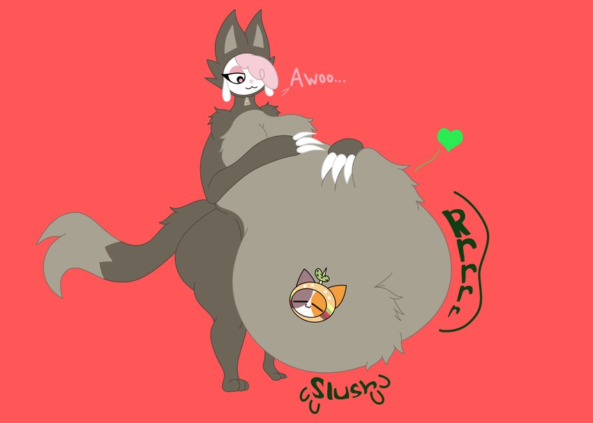 abdominal_bulge anthro anthrofied arm_on_belly arm_tuft awoo beef belly_overhang belly_tuft big_butt black_body black_fur black_sclera breast_tuft breasts bulge burger burger_costume butt calico_pattern canine_ears catchphrase cheese claws clothed clothed_anthro clothed_female clothed_pred clothing costume couples dairy_products dialogue dominant dominant_female dominant_pred duo endosoma eyelashes fake_tail featureless_breasts female female/female female_anthro female_pred female_prey finger_claws floppy_ears food food_hat fruit fur fur_clothing grey_clothing grey_underbelly growling hair hair_over_eye half-closed_eyes hand_on_belly hand_on_own_belly head_tuft headgear headwear heart_symbol lettuce looking_at_belly looking_down markings meat multicolored_body multicolored_clothing multicolored_fur narrowed_eyes navel_outline navel_tuft non_fatal_vore obese obese_anthro obese_female oral_vore orange_body orange_fur overweight overweight_anthro overweight_female pickle_(food) pink_body pink_eyes pink_fur pink_hair pink_nose pink_wool plant pointy_ears predator/prey predator/prey_play romantic romantic_couple rumbling_stomach safe_vore same_size_vore satisfaction satisfied satisfied_look sesame_seed_bun shoulder_tuft simple_background size_difference slosh sloshing sloshing_belly slush_(sound_effect) smile soft_vore tail tail_markings tail_tuft talking_to_another talking_to_pred talking_to_prey three-quarter_view tomato tuft underbelly uwu vegetable vore vore_tattoo white_body white_claws white_fur willing_pred willing_prey wolf_costume wool_(fur) wool_hair zipper mandro22 chikn_nuggit cheezborger_(chikn_nuggit) cofi_(chikn_nuggit) bovid calico_cat caprine domestic_cat felid feline felis mammal sheep absurd_res dialogue_in_description hi_res portrait story story_in_description three-quarter_portrait nonbinary_(lore)