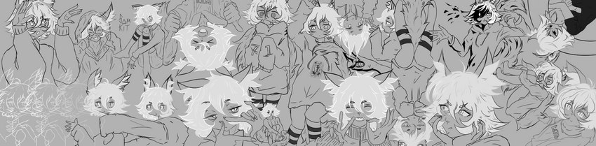 anthro clothing cute_fangs fangs femboy fluffy fluffy_tail fur grey_hair hair hoodie inner_ear_fluff legwear looking_at_viewer male sad smile solo tail teeth thigh_highs topwear tuft white_body white_fur white_hair wide_image samkit inabakumori sam_(samkit) canid canine domestic_cat felid feline felis fox hybrid mammal hi_res long_image monochrome