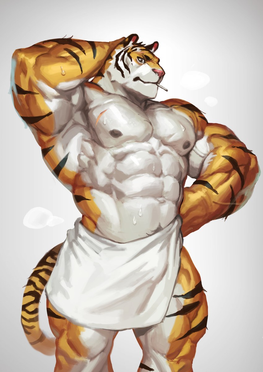 ambiguous_fluids anthro clothed clothing fur male muscular muscular_anthro muscular_male nipples partially_clothed scar solo striped_body striped_fur stripes towel towel_around_waist towel_only vein veiny_muscles wet traver009 coach_ho felid mammal pantherine tiger absurd_res hi_res