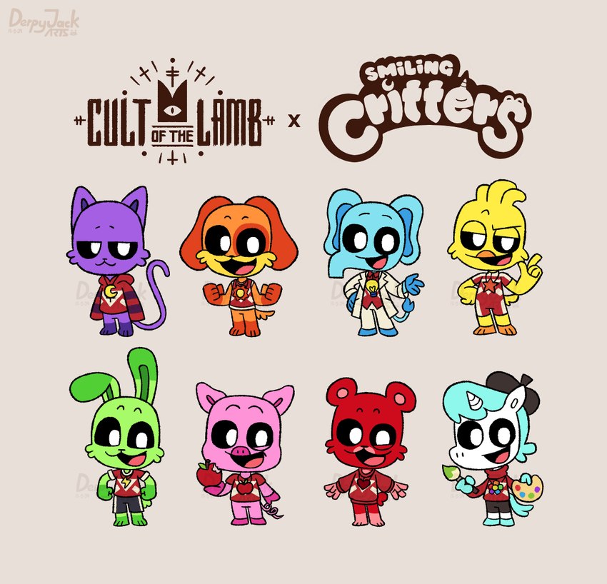 anthro bottomless chibi clothed clothing female fluffy group happy horn looking_at_viewer male parody smile tail text kirbybaby64 cult_of_the_lamb massive_monster_(studio) mob_entertainment mythology poppy_playtime smiling_critters bobby_bearhug bubba_bubbaphant catnap_(poppy_playtime) craftycorn dogday_(poppy_playtime) follower_(cult_of_the_lamb) hoppy_hopscotch kickinchicken pickypiggy avian bird canid canine canis chicken domestic_cat domestic_dog domestic_pig elephant elephantid equid equine felid feline felis galliform gallus_(genus) lagomorph leporid mammal mythological_creature mythological_equine phasianid proboscidean rabbit suid suina sus_(pig) unicorn crossover english_text signature