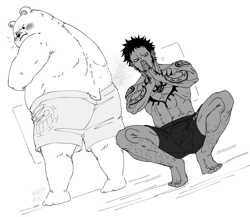 anthro biped blush butt clothing duo humanoid_hands male overweight overweight_male tattoo underwear nekokat42 one_piece bepo_(one_piece) trafalgar_law bear human mammal minkmen_(one_piece) polar_bear ursine 2023 hi_res monochrome