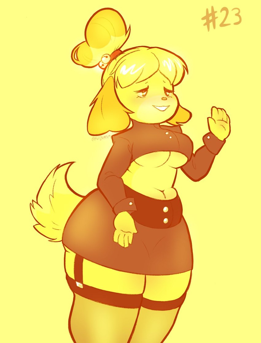 accessory anthro bell bottomwear breasts button_(fastener) button_skirt clothing female hair_accessory hairband legwear midriff monotone_bottomwear monotone_clothing monotone_skirt open_mouth skirt smile solo stockings thigh_highs under_boob yellow_body junkedart animal_crossing dressuptober nintendo isabelle_(animal_crossing) canid canine canis domestic_dog mammal shih_tzu toy_dog 2021 digital_drawing_(artwork) digital_media_(artwork) hi_res monochrome portrait three-quarter_portrait