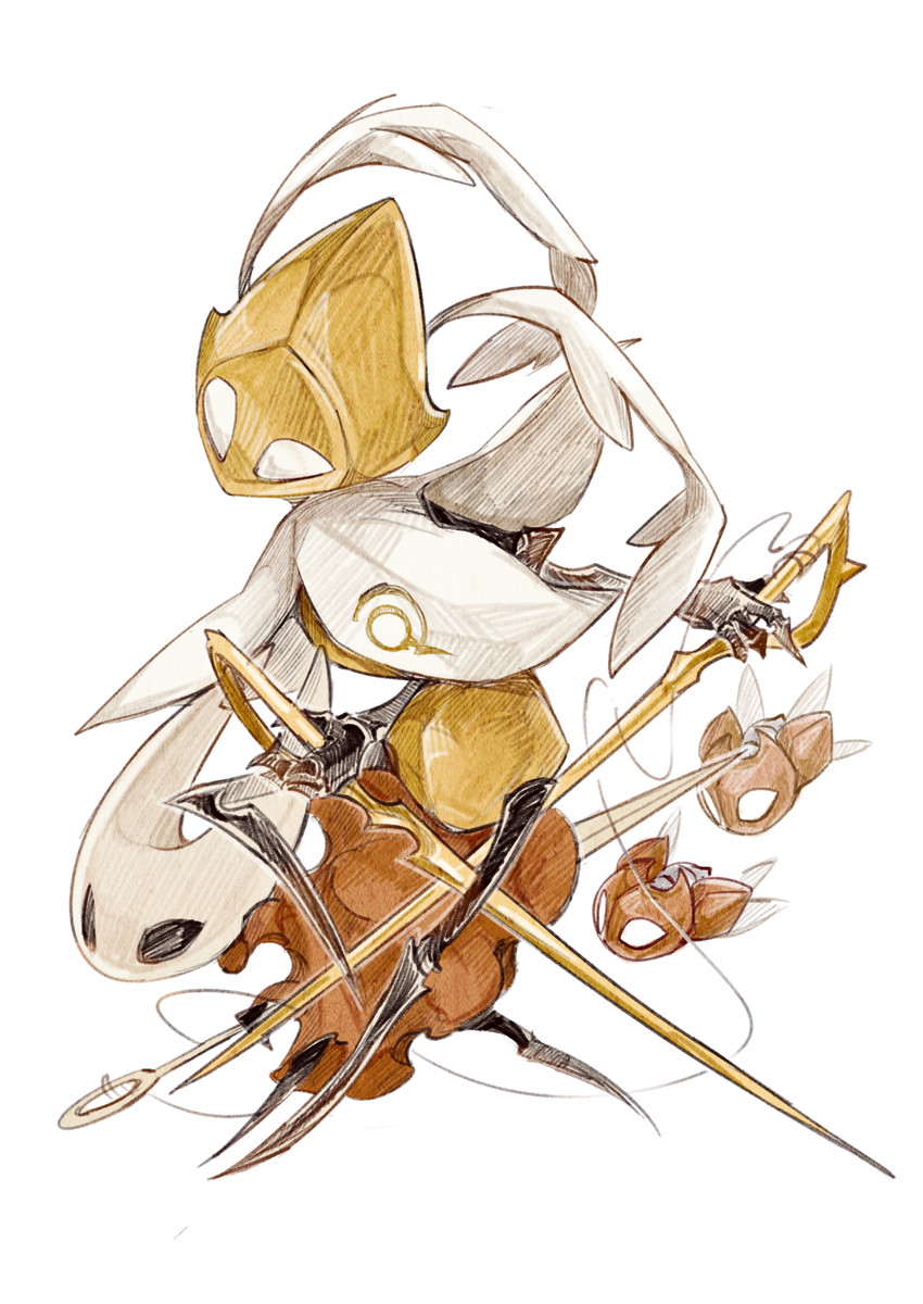2_horns ambiguous_gender biped black_arms black_eyes black_legs cloak clothed clothing cogfly duo empty_eyes holding_melee_weapon holding_object holding_weapon horn machine melee_weapon pose red_cloak red_clothing thread weapon white_eyes fioco_virus hollow_knight:_silksong hollow_knight_(franchise) team_cherry hornet_(hollow_knight) second_sentinel arthropod robot 2025 absurd_res hi_res female_(lore)