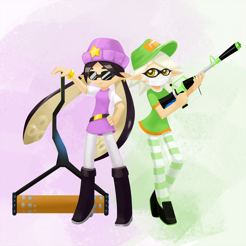 boots clothing duo eyewear female footwear hat headgear headwear hero_charger hero_roller mask pseudo_hair ranged_weapon shoes smile splat_charger splat_roller sunglasses tentacle_hair tentacles weapon yellow_eyes howxu nintendo splatoon callie_(splatoon) marie_(splatoon) squid_sisters_(splatoon) animal_humanoid cephalopod cephalopod_humanoid humanoid inkling marine marine_humanoid mollusk mollusk_humanoid 1:1 2017 hi_res