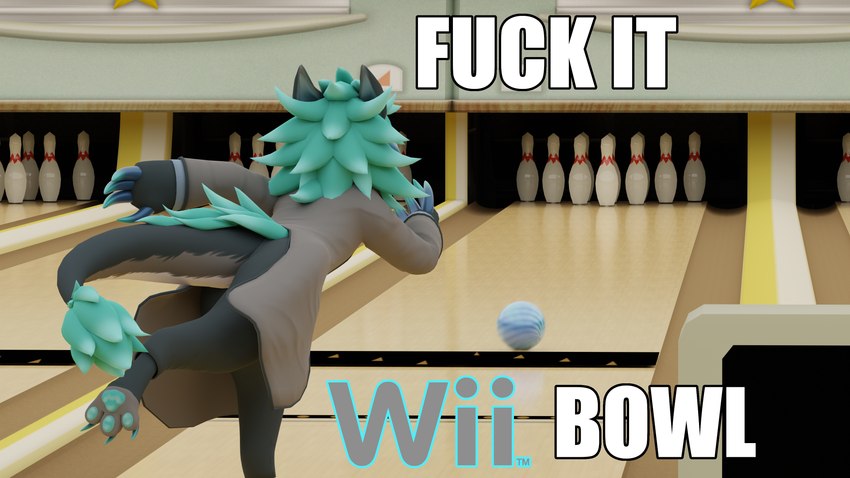 ambiguous_gender anthro biped bottomwear bowling_alley bowling_ball bowling_pin claws clothed clothing feet fluffy fluffy_tail fur hair humor jacket pants pawpads paws profanity solo suit tail text toes topwear beanthusiast blender_cycles nintendo nintendo_sports wii wii_sports asher_sterling wickerbeast 16:9 3d_(artwork) 4k absurd_res blender_(artwork) digital_media_(artwork) english_text hi_res impact_(font) meme widescreen maleherm_(lore)