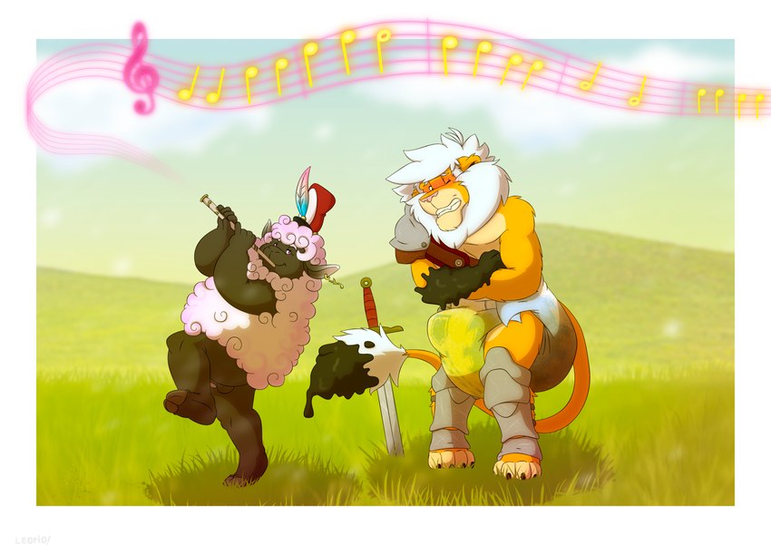 anthro bard bodily_fluids brown_note clothing diaper duo embarrassed erection erection_in_diaper feces field flute genital_fluids inklion male male/male melee_weapon music musical_instrument musical_note musical_symbol pooping scatplay soiled_diaper soiling soiling_diaper sword symbol unclean_diaper urine used_diaper warrior watersports weapon wind_instrument woodwind_instrument leoniro_the_inklion bovid caprine mammal sheep absurd_res hi_res