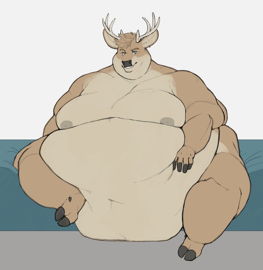 anthro antlers bed belly belly_overhang big_belly brown_body brown_fur double_chin ear_piercing fat_rolls fur furniture grin hand_on_belly hooves horn huge_belly love_handles male moobs morbidly_obese morbidly_obese_anthro morbidly_obese_male navel nipples nude obese obese_anthro obese_male on_bed overweight overweight_anthro overweight_male piercing sitting sitting_on_bed smile solo thick_thighs wide_hips yasano deer mammal hi_res