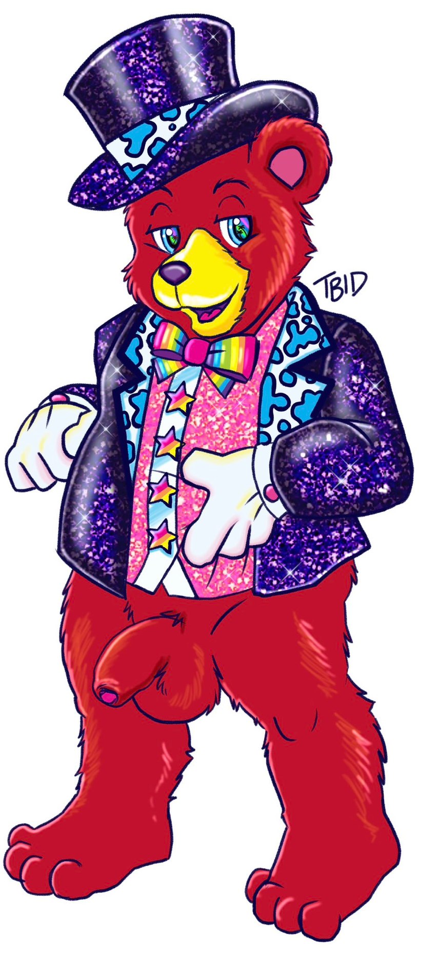 anthro balls bottomless bow_tie clothed clothing flaccid foreskin fur genitals glitter hat headgear headwear looking_at_viewer male multicolored_eyes penis red_body red_fur smile solo sparkles suit top_hat tbid lisa_frank bear mammal hi_res