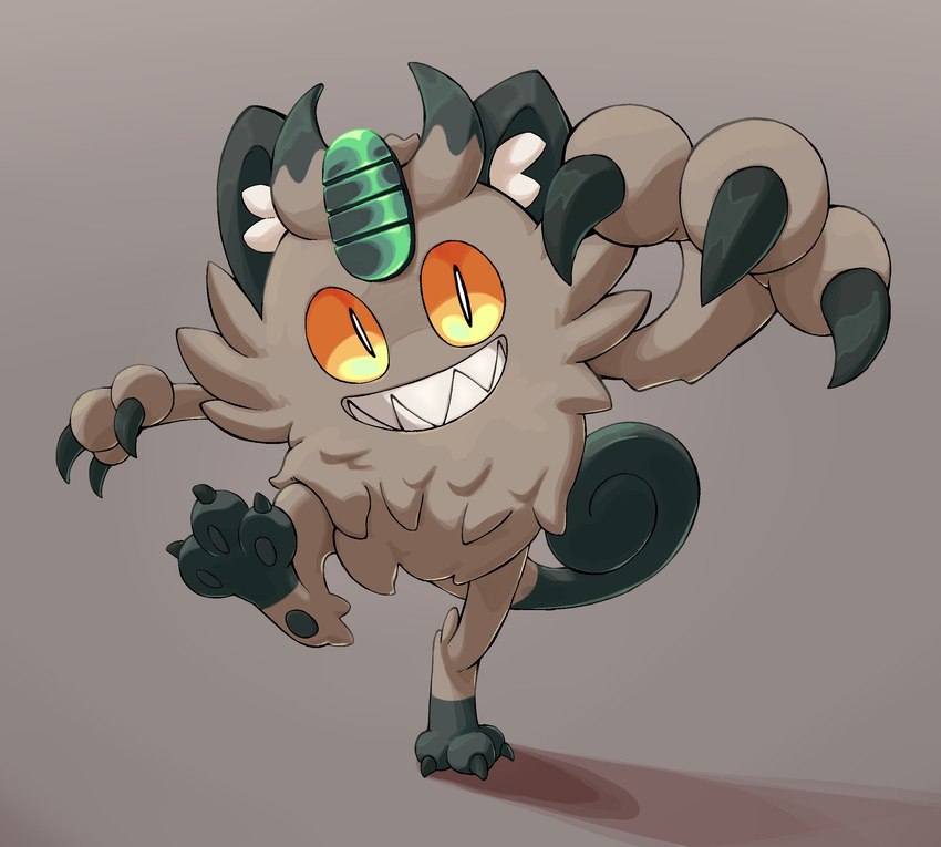 ambiguous_gender brown_eyes claws clenched_teeth feet finger_claws fur grey_background inner_ear_fluff looking_at_viewer on_one_leg pupils shadow sharp_teeth simple_background slit_pupils smile solo standing tail teeth toe_claws tuft white_pupils sharpski nintendo pokemon felid feline galarian_form galarian_meowth generation_8_pokemon mammal pokemon_(species) regional_form_(pokemon) 2024 digital_media_(artwork) hi_res