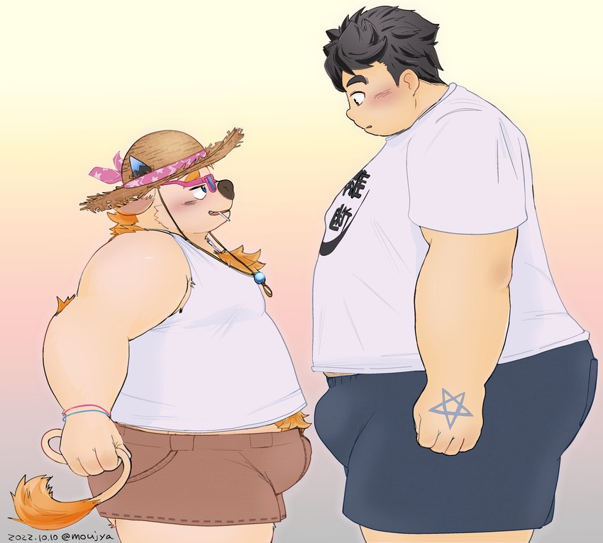 age_difference anthro belly blonde_hair blue_eyes bottomwear bulge clothing duo eyewear fur hair hat headgear headwear male male/male overweight overweight_male pubes shirt shorts size_difference straw_hat sunglasses tank_top topwear white_body white_fur young young_anthro young_human young_male moujya lifewonders tokyo_afterschool_summoners babe_bunyan_(tas) chubby_protagonist_(tas) protagonist_(tas) bovid bovine cattle human mammal absurd_res hi_res