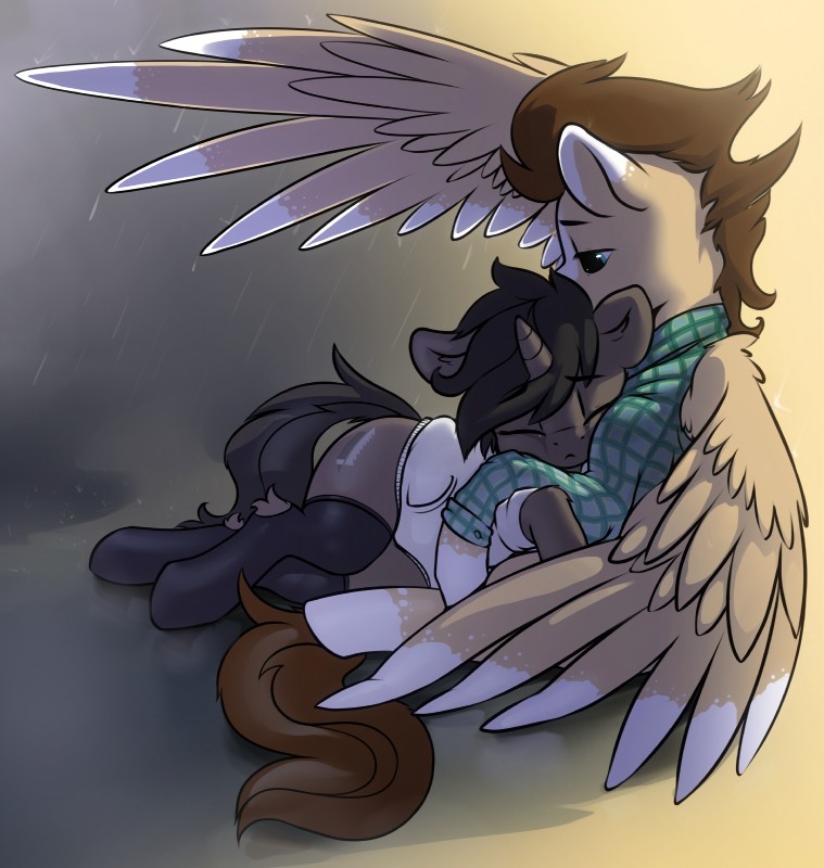 black_hair blue_eyes brown_hair cutie_mark duo feathered_wings feathers feral fur hair horn tan_body tan_fur wings dimfann hasbro my_little_pony mythology fan_character equid equine mammal mythological_creature mythological_equine pegasus unicorn 2019 absurd_res digital_media_(artwork) hi_res