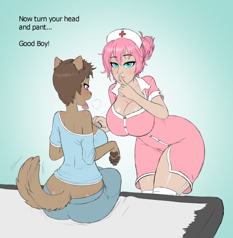 anthro big_breasts blue_eyes blush bottomwear breasts brown_hair butt cleavage clothed clothing dialogue duo exam_table female female/female furniture good_boy hair hat headgear headwear implied_transformation looking_at_breasts looking_at_viewer medical_examination nurse nurse_clothing nurse_hat nurse_headwear on_table open_mouth pants patient pawpads pet_praise praise shirt short_hair simple_background sitting table text thick_thighs tongue tongue_out topwear wide_hips bendzz princess_lil canid canine canis domestic_dog human mammal 2019 english_text hi_res