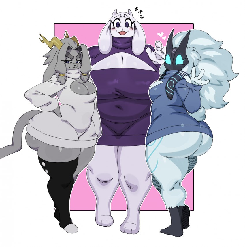 4_fingers anthro antlers barefoot big_breasts big_butt big_hair biped black_clothing black_legwear black_thigh_highs blue_eyes blush blush_lines bottomless breasts butt cleavage_cutout clothed clothing curvy_figure cutout emanata feet female female_anthro fingers fur grey_body grey_fur grey_tail group hair heart_symbol horn huge_breasts huge_butt legwear long_ears mask mouth_closed narrowed_eyes open_mouth open_smile rear_view simple_background smile sweater tail thick_thighs thigh_highs topwear trio underbutt voluptuous voluptuous_anthro voluptuous_female wave wearing_mask white_background white_body white_ears white_fur wide_hips sssonic2 league_of_legends pseudoregalia riot_games tencent undertale_(series) kindred_(lol) lamb_(lol) sybil_(pseudoregalia) toriel boss_monster_(undertale) bovid caprine goat jackalope lagomorph leporid mammal rabbit sheep 2024 digital_media_(artwork) hi_res