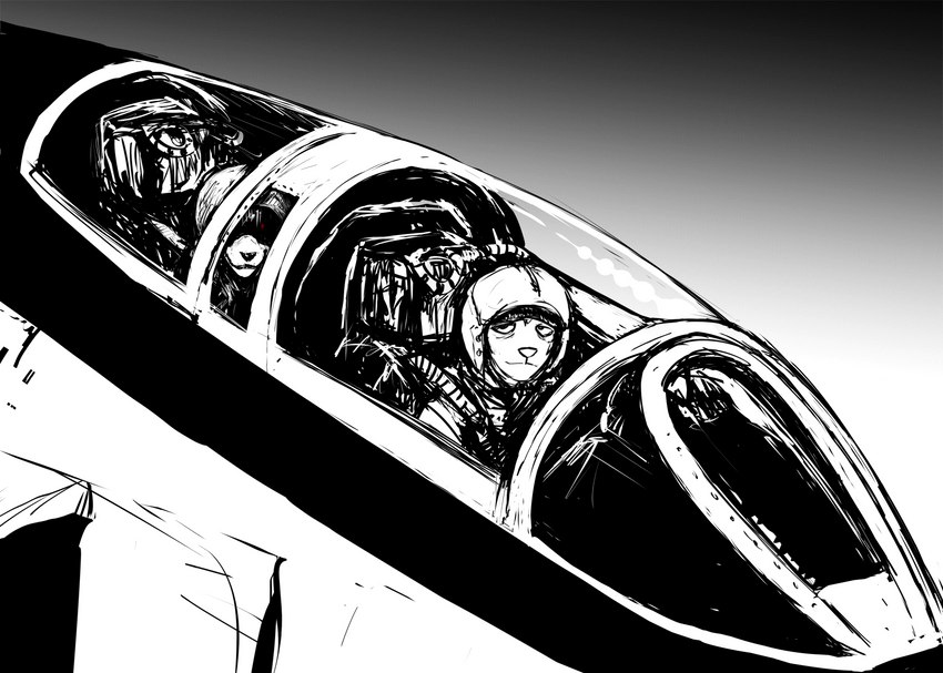 aircraft airplane anthro armor cockpit duo f-4_phantom female headgear helmet inside_airplane jet male pilot red_eyes vehicle hladilnik carol_(hladilnik) daniel_(hladilnik) canid canine canis domestic_dog ghost mammal spirit wolf 2022 black_and_white hi_res monochrome spot_color