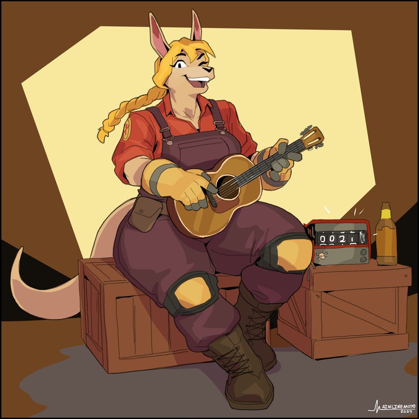 acoustic_guitar alcohol anthro beer beverage black_border blonde_hair boots border brown_clothing clothing combat_boots crate female footwear gloves guitar hair handwear knee_pads mechanic muscular muscular_female musical_instrument one_eye_closed overalls playing_guitar playing_music plucked_string_instrument red_clothing shirt shoes sitting smile smiling_at_viewer solo string_instrument thick_thighs tool_belt topwear wide_hips wink greasymojo team_fortress_2 valve engineer_(team_fortress_2) engineer_roo kangaroo macropod mammal marsupial 2024 absurd_res hi_res