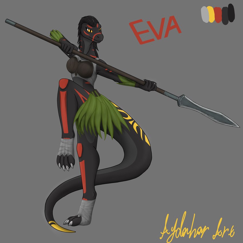 anthro bandage bandages_only black_body black_hair black_skin body_pattern bound_leg clothed clothed_anthro clothed_female clothing female hair melee_weapon orange_eyes polearm scales solo spear tribal warrior weapon aydaharart eva(aydaharart) reptile scalie snake absurd_res hi_res