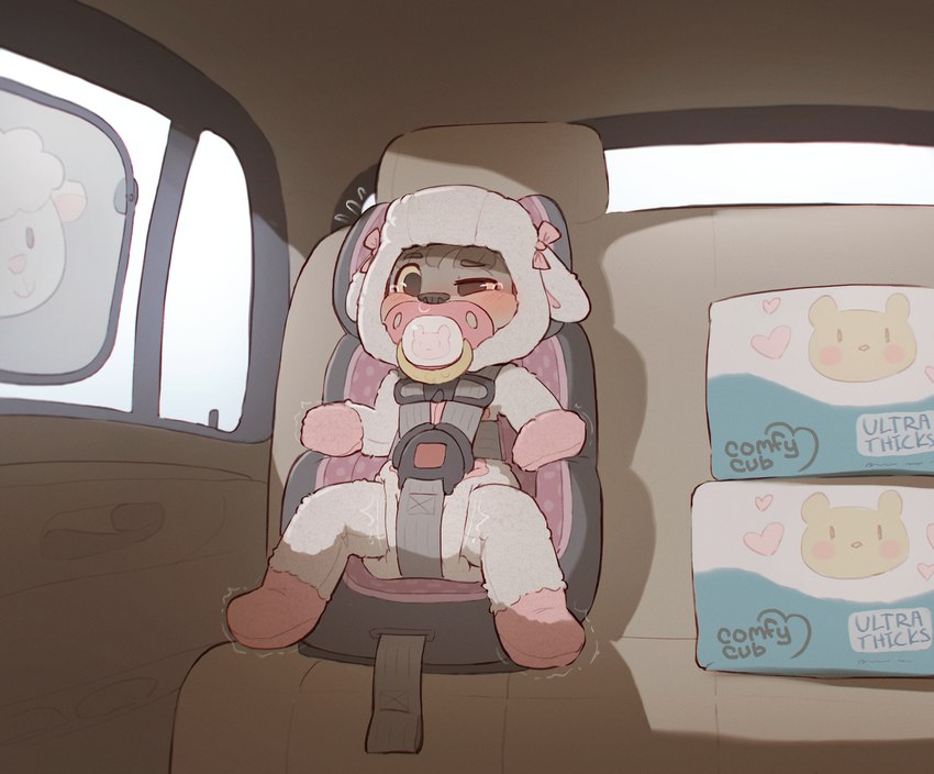 ambiguous_gender anthro blush bodily_fluids booster_seat brown_body brown_eyes brown_fur brown_hair bubble car clothing detailed_background diaper diaper_package embarrassed fur gag gagged hair inside_car inside_vehicle motion_lines object_in_mouth onesie pacifier pacifier_gag pacifier_in_mouth pink_bow snot snot_bubble solo vehicle young young_ambiguous young_anthro skidoo oliver_(skidoo) canid canine canis mammal wolf hi_res