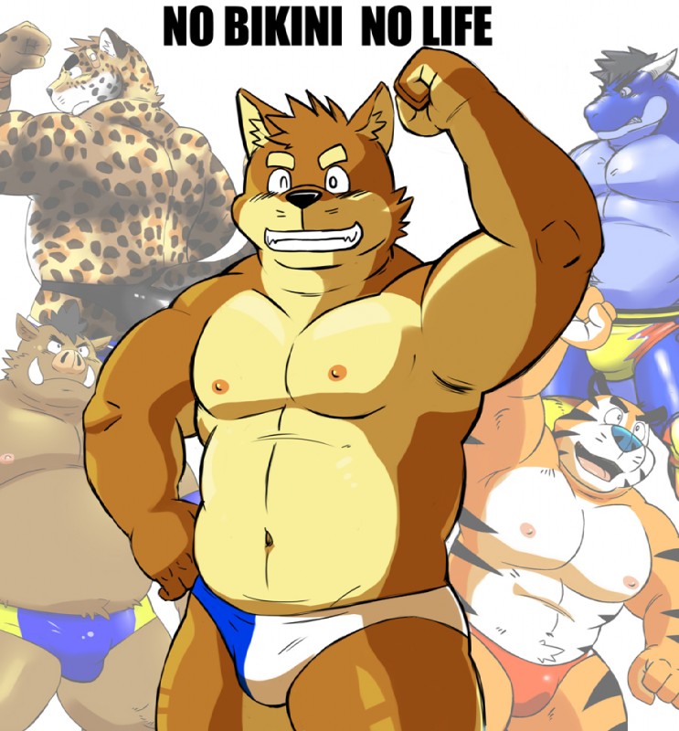 anthro big_muscles bikini_briefs bulge clothed clothing countershading group male mascot muscular muscular_male navel nipples text topless shiba-kenta frosted_flakes kellogg's mythology kenta_shiba_(character) takeshi_inoyama tony_the_tiger canid canine canis domestic_dog dragon felid mammal mythological_creature mythological_scalie pantherine scalie shiba_inu spitz suid suina sus_(pig) tiger wild_boar english_text