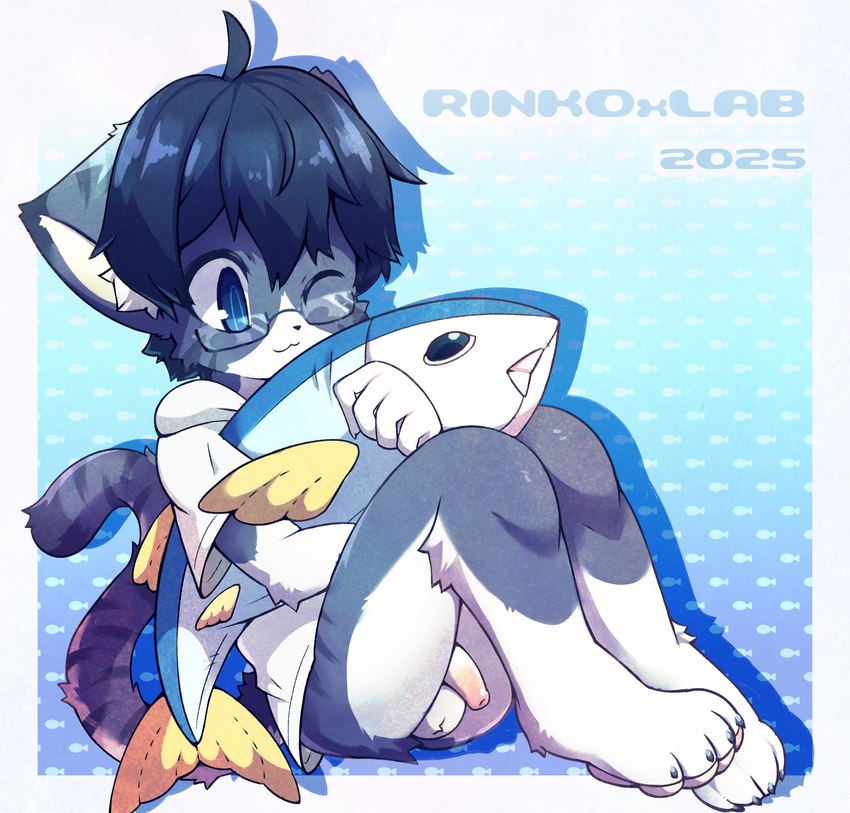 4_toes :3 ahoge anthro balls bangs barefoot biped black_hair black_nose blue_background blue_eyes blue_pupils border bottomless bottomless_anthro bottomless_male casual_exposure claws closed_smile clothed clothed_anthro clothed_male clothing countershade_face countershade_fur countershade_legs countershading curled_up eyewear feet finger_claws fingers flaccid foreskin fur genitals glasses gradient_background grey_body grey_fur grey_markings grey_stripes hair hoodie hoodie_only hug hugging_object hugging_plushie humanoid_genitalia humanoid_hands humanoid_penis inner_ear_fluff kemono long_tail male male_anthro markings mouth_closed multicolored_body multicolored_fur nerd one_eye_closed outside_border pattern_background pawpads penis pink_pawpads plushie pupils shadow short_hair short_sleeve_hoodie shota simple_background small_penis smile solo striped_body striped_fur striped_markings striped_tail stripes tail tail_markings three-quarter_view toe_claws toes topwear topwear_only tuft unretracted_foreskin wearing_glasses white_balls white_body white_border white_clothing white_countershading white_fur white_hoodie white_inner_ear_fluff white_sclera white_topwear white_tuft young young_anthro young_male rinkoxlab rin_(rinkoxlab) domestic_cat felid feline felis mammal 2025 artist_name dated full-length_portrait hi_res portrait