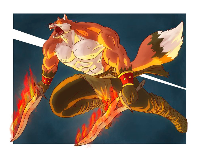 abs anthro armor bandage bandaged_foot biceps big_muscles bracers clothed clothing dipstick_tail dual_wielding fire flaming_weapon fur gloves_(marking) glowing glowing_eyes holding_object holding_weapon male markings melee_weapon multicolored_body multicolored_fur multicolored_tail muscular muscular_anthro muscular_male nipples open_mouth pecs red_body red_fur sash solo sword tail tail_markings teeth topless topless_male two_tone_body two_tone_fur weapon white_body white_fur marioferro zilch1998 teofacio_larna canid canine fox mammal 2019