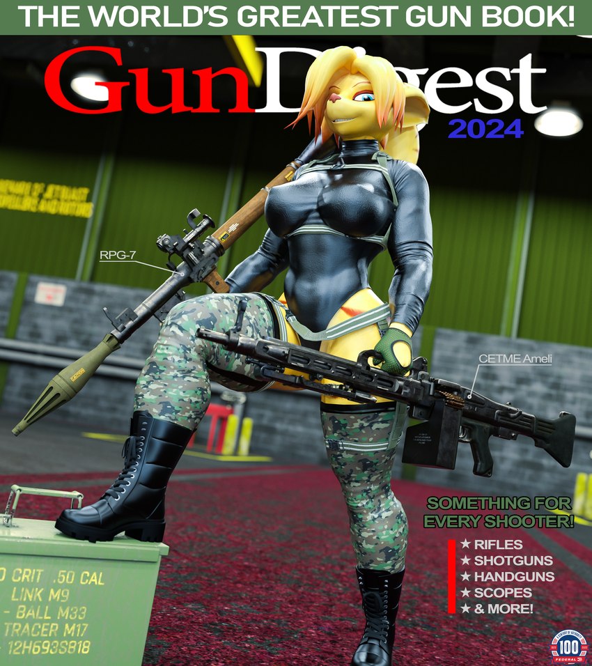 ammo_box bodysuit boots camo clothing female footwear gloves gun handwear holding_gun holding_object holding_ranged_weapon holding_weapon light_machine_gun looking_at_viewer magazine ranged_weapon rocket_launcher rpg-7 shoes skinsuit smile smiling_at_viewer solo step_pose tight_clothing weapon yellow_body bustin3d insomniac_games ratchet_and_clank sony_corporation sony_interactive_entertainment angela_cross warfare_angela humanoid lombax mammal 3d_(artwork) absurd_res cover digital_media_(artwork) hi_res huge_filesize magazine_cover