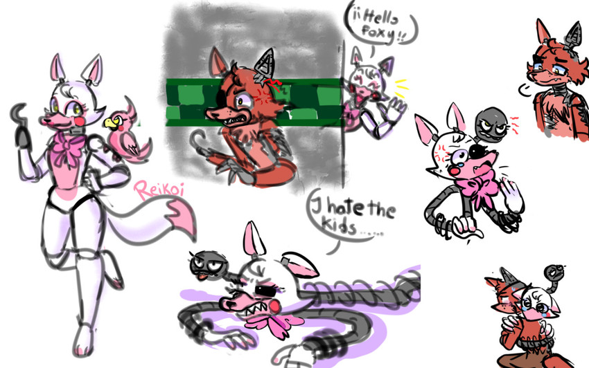 bodily_fluids crying dismantled duo eye_patch eyewear female hug love machine male male/female shocked tears reikoi02 five_nights_at_freddy's five_nights_at_freddy's_2 scottgames foxy_(fnaf) mangle_(fnaf) animatronic avian bird canid canine fox mammal robot