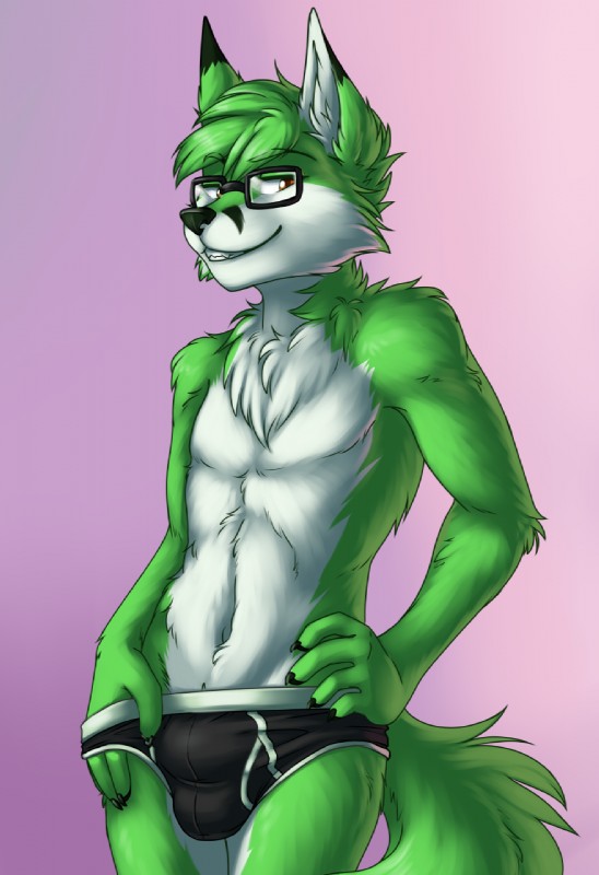 anthro briefs bulge clothing eyewear fur glasses green_body green_fur looking_at_viewer male pose smile solo underwear white_body white_fur tigerinspace shadownight canid canine fox mammal digital_media_(artwork) hi_res pinup