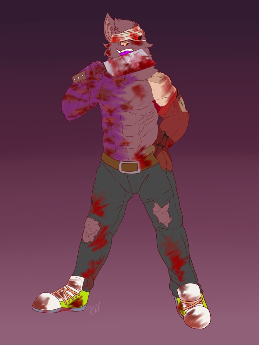 4_fingers abs anthro arm_scar arm_tuft bandaged_face belt biceps big_biceps big_deltoids big_muscles big_pecs biped black_body black_fur black_sclera blood blood_on_arm blood_on_belly blood_on_belt blood_on_bottomwear blood_on_chest blood_on_clothing blood_on_face blood_on_finger blood_on_footwear blood_on_hand blood_on_machete blood_on_melee_weapon blood_on_pants blood_on_shoe blood_on_weapon bodily_fluids bottomwear brown_belt cheek_tuft clothed clothed_anthro clothed_male clothing dark_sclera deltoids ear_tuft facial_markings facial_tuft finger_tuft fingers footwear forearm_muscles front_view fur gore green_bottomwear green_clothing green_pants half_clothed hand_on_hip hand_on_own_hip head_markings head_tuft holding_machete holding_melee_weapon holding_object holding_weapon horror_(theme) huge_muscles huge_pecs humanoid_hands inner_ear_fluff looking_at_viewer looking_forward machete male male_anthro markings melee_weapon muscular muscular_anthro muscular_arms muscular_male neck_muscles neck_tuft obliques open_mouth open_smile outline pants patch_(marking) patchwork pecs purple_tongue red_eyes red_outline scar serratus smile solo standing tongue topless topless_anthro topless_male torn_bottomwear torn_clothing torn_pants triceps tuft weapon wide_stance heyimteedo 2017 3:4 absurd_res digital_media_(artwork) full-length_portrait hi_res portrait signature