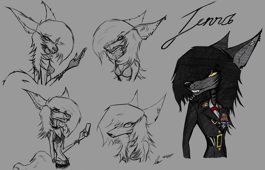 amber_eyes anthro belt black_hair bra bracelet clothing fangs female hair jewelry marine_corps military military_uniform piercing skull_piercing solo spiked_belt spikes teeth underwear uniform darkryn_(artist) jenna_(ryn) canid canine canis humanoid mammal marine wolf hi_res sketch