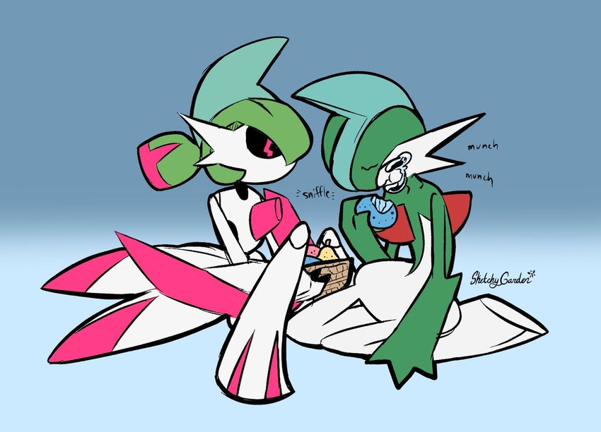 ambiguous_gender berry blue_background bodily_fluids crying duo eating food fruit kneeling machine male oran_berry plant pokemon_berry red_eyes simple_background sitrus_berry tears text thick_calves thin_thighs wide_hips sketchygarden nintendo pokemon noble_(sketchygarden) future_pokemon gallade generation_4_pokemon generation_9_pokemon humanoid iron_valiant paradox_pokemon pokemon_(species) robot digital_drawing_(artwork) digital_media_(artwork) flat_colors