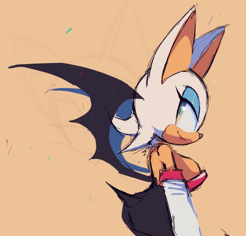 anthro armwear bare_shoulders big_breasts breasts cleavage clothed clothing elbow_gloves eyeshadow female fur gloves green_eyes handwear makeup side_boob simple_background smile solo white_body white_fur wings zzavok sega sonic_the_hedgehog_(series) rouge_the_bat bat mammal