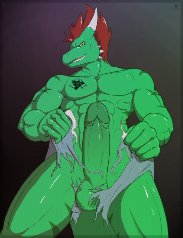 abs anthro athletic balls biceps big_penis biped clothing erection genitals gradient_background green_balls green_body green_penis green_scales green_skin grin hair horn humanoid_genitalia humanoid_penis looking_at_viewer looking_down low-angle_view male muscular muscular_anthro nude pecs penis pupils red_hair ripping scales simple_background slit_pupils smile solo stripes tattoo torn_clothing yellow_eyes tridark epsilon88 lizard reptile scalie hi_res