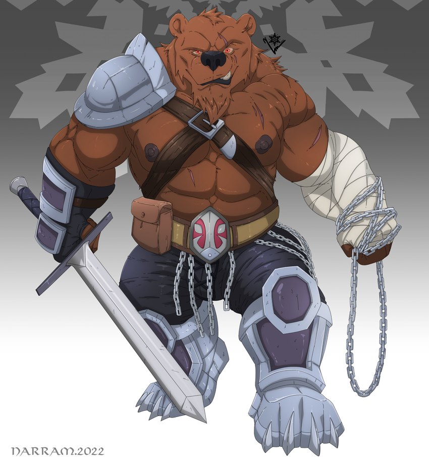 abs anthro bandage male melee_weapon muscular muscular_anthro muscular_male nipples pecs scar solo sword weapon narram lustful_desires ursadin_mercenary_(lustful_desires) bear mammal ursadin_(lustful_desires) absurd_res hi_res