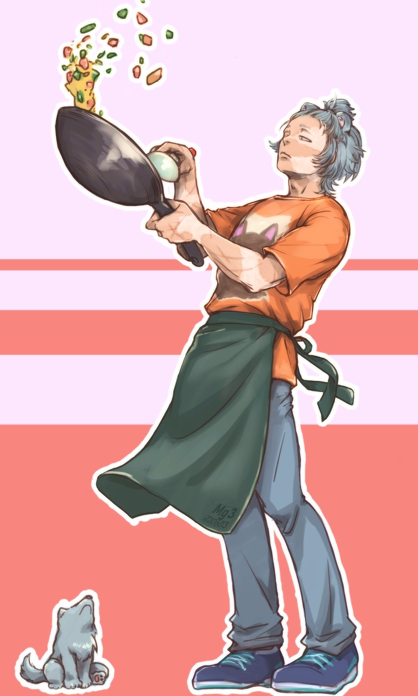 apron clothing cooking green_apron green_clothing hair male orange_clothing orange_shirt orange_topwear shirt slim_humanoid slim_male solo tied_hair topwear white_hair tanukisan555 arknights hypergryph studio_montagne jaye_(arknights) animal_humanoid humanoid mammal mammal_humanoid mustelid mustelid_humanoid otter otter_humanoid 2023 absurd_res hi_res