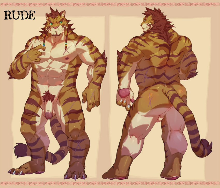 abs anthro balls biceps claws front_view genitals male nude pawpads pecs penis rear_view striped_body stripes tail kourney rude_(kourney) felid mammal pantherine tiger hi_res