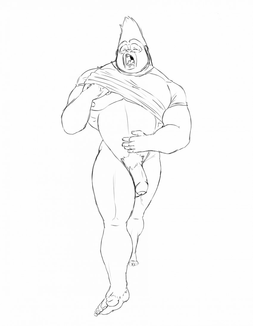 anthro barefoot bottomless clothed clothing feet hand_on_belly male mostly_nude open_mouth shirt shirt_only solo topwear topwear_only yawn unrealrui illumination_entertainment sing_(movie) johnny_(sing) ape gorilla haplorhine mammal primate hi_res monochrome