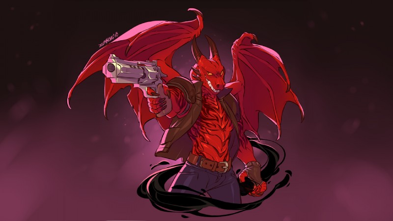 5_fingers abs anthro belt bottomwear claws clothed clothing fangs fingers gloves gun handgun handwear holding_gun holding_object holding_ranged_weapon holding_weapon horn jacket legwear magic magic_user male membrane_(anatomy) membranous_wings muscular muscular_anthro muscular_male pants pecs pistol ranged_weapon red_body red_scales revolver scales sharp_teeth smile smoke solo spell standing tattoo teeth topwear weapon wings yellow_eyes zummeng doom_(series) european_mythology guncaster id_software microsoft mythology cygnis_flayinthere dragon mythological_creature mythological_scalie reptile scalie western_dragon 16:9 2018 digital_media_(artwork) widescreen