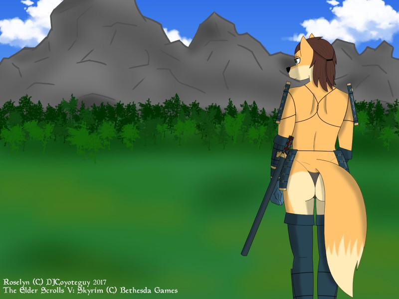 anthro armor bikini butt clothed clothing cloud melee_weapon mountain outside plant sky solo swimwear sword text tree two-piece_swimsuit weapon djcoyoteguy roselyn_(djcoyoteguy) canid canine fox lilmothiit mammal 4:3 english_text hi_res