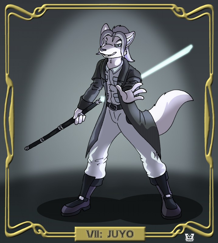 anthro belt blue_eyes boots clothing duster_coat fangs footwear grey_hair hair holding_object holding_weapon jedi lightsaber longcoat melee_weapon polearm reverse_grip shoes simple_background solo staff teeth text weapon white_lightsaber valy_j._thunderbeast star_wars fan_character locke_surnahm canid canine canis kanj'isha mammal wolf absurd_res hi_res