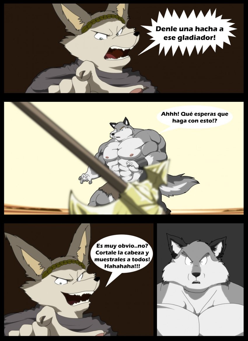 abs anthro arena axe big_muscles bottomwear clothed clothing duo fur gladiator grey_body grey_fur headgear headwear huge_muscles male multicolored_body multicolored_fur muscular muscular_anthro muscular_male open_mouth pecs speech_bubble teeth text toga two_tone_body two_tone_fur warrior weapon white_body white_fur xxsparcoxx cesar_(xxsparcoxx) kraso_(xxsparcoxx) canid canine canis fennec_fox fox mammal true_fox wolf 2017 comic hi_res multiple_scenes spanish_text