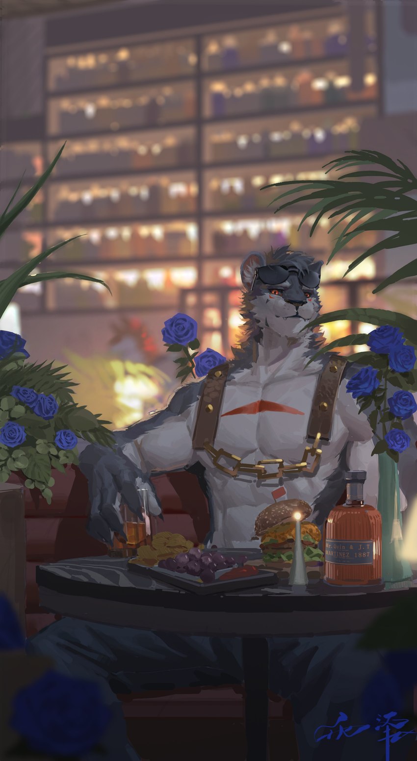 anthro beverage blue_rose bottomwear burger cheek_tuft clothed clothing facial_tuft fangs flower food front_view fur grey_body grey_bottomwear grey_clothing grey_fur grey_hair grey_pants grey_sclera hair looking_at_viewer male neck_tuft orange_eyes pants plant rose_(flower) short_hair sitting solo teeth topless tuft white_body white_fur awaldkize felid mammal absurd_res hi_res