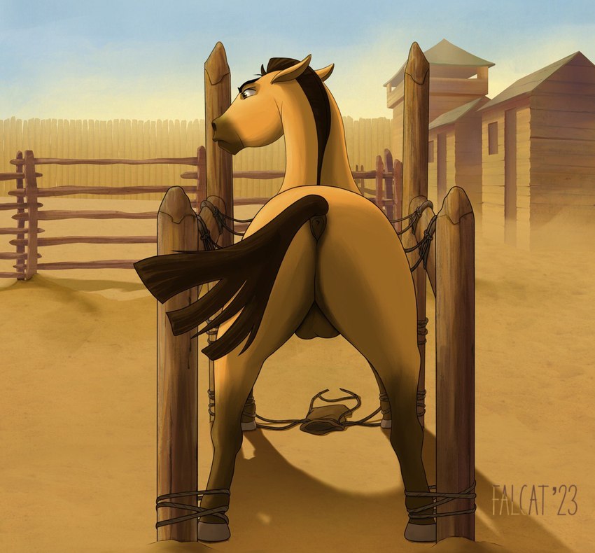 anus balls bdsm bondage bound butt camp captured feral fort genitals male military rear_view solo falcat dreamworks spirit:_stallion_of_the_cimarron spirit_(cimarron) equid equine horse mammal