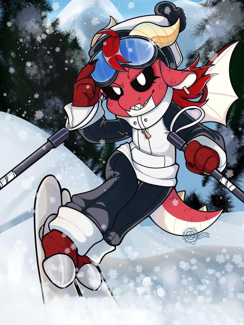 anthro black_sclera dragon_horn hair horn male mountain outside plant red_body red_ears red_hair red_scales red_tail scales ski_goggles ski_pole skiis snow snowing solo spiked_tail spikes spikes_(anatomy) tail tree white_eyes white_inner_ear white_tail winter_hat winter_jacket winter_sports bonanusfanan mob_entertainment mythology nightmare_critters poppy_playtime simon_smoke_(poppy_playtime) dragon mythological_creature mythological_scalie scalie 2024 3:4 absurd_res colored english_description hi_res