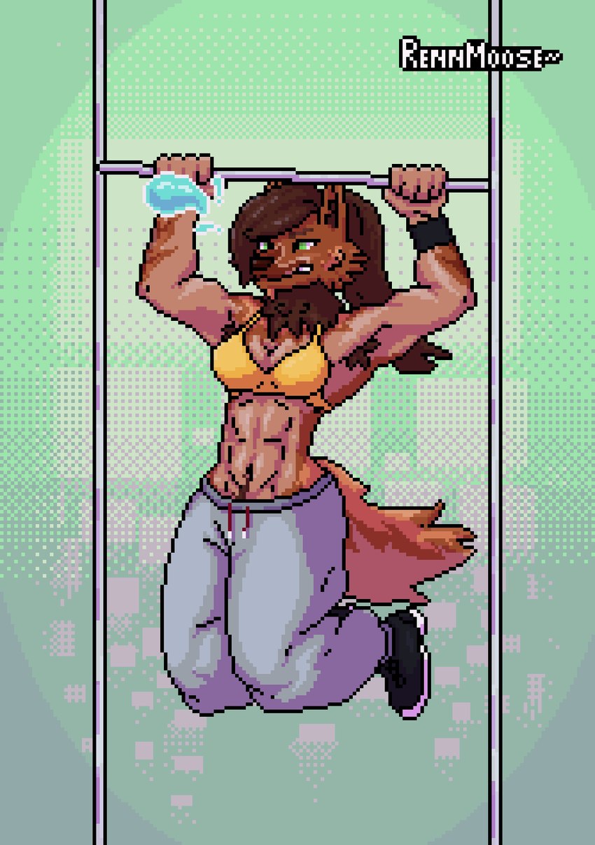 anthro armpit_hair bodily_fluids body_hair bottomwear bra clothing exercise female hair muscular pants ponytail solo sports_bra sweat sweatdrop sweatpants underwear workout rennmoose vivienne_(rennmoose) canid canine canis mammal wolf hi_res