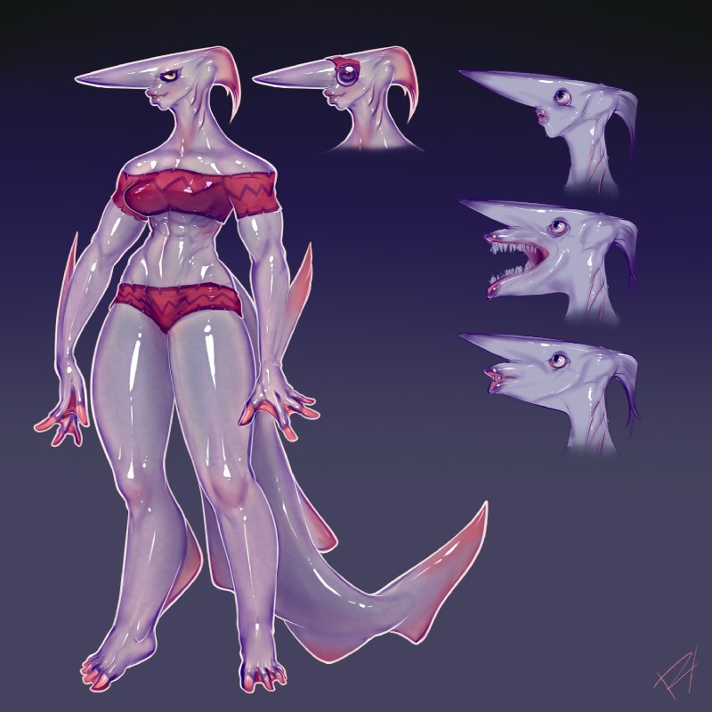 anthro barefoot biped breasts clothed clothing eyewear feet female front_view gills goggles lips long_nose membrane_(anatomy) non-mammal_breasts open_mouth sharp_teeth side_view solo swimwear teeth toes webbed_feet webbed_hands derek_hetrick mitsu_(derek_hetrick) fish goblin_shark mackerel_shark marine mitsukurinid shark 1:1 2015 full-length_portrait headshot_portrait hi_res icon model_sheet multiple_images portrait