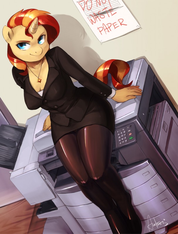 anthro anthrofied biped blue_eyes bottomwear business_suit clothed clothing female hair horn inside legwear long_hair looking_at_viewer multicolored_hair office pencil_skirt photocopier sitting skirt smile solo suit sun text thigh_highs two_tone_hair audrarius equestria_girls hasbro my_little_pony mythology sunset_shimmer_(eg) equid equine mammal mythological_creature mythological_equine unicorn 2016 absurd_res english_text hi_res