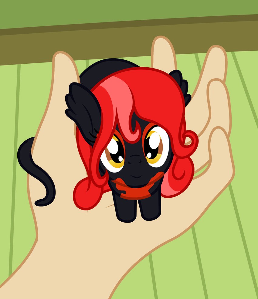 amber_eyes black_body eyeshadow female first_person_view hair holding_character looking_at_viewer makeup micro red_body red_eyeshadow red_hair smile badumsquish hasbro my_little_pony fan_character mave_(oc) alp-luachra equid equine horse human hybrid mammal pony hi_res