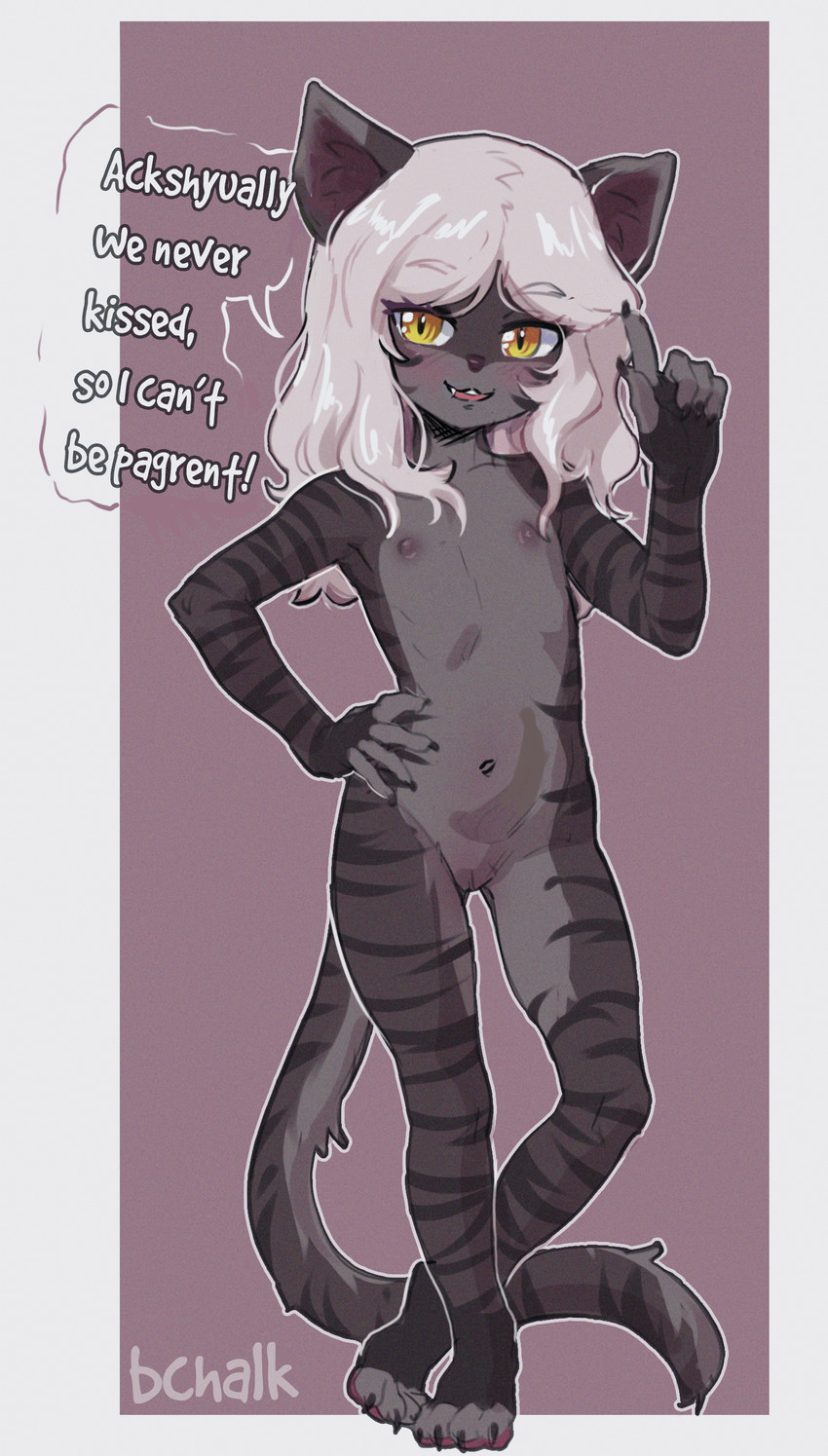 4_toes 5_fingers anthro areola arm_markings biped black_body black_claws black_feet black_fur black_hands black_markings black_stripes blush blush_lines blushing_at_viewer border butt claws countershade_face countershade_fur countershade_legs countershade_neck countershade_tail countershade_torso countershading cute_fangs dipstick_ears ear_markings early_pregnancy eyebrow_through_hair eyebrows facial_markings fangs feet female female_anthro finger_claws fingerless_(marking) fingerless_gloves_(marking) fingers flat_chested front_view fur genitals gloves_(marking) grey_body grey_countershading grey_ear_tips grey_fingers grey_fur grey_text grey_toes hair hand_on_hip hand_on_own_hip head_markings hip_markings humanoid_hands inner_ear_fluff leg_markings loli long_hair long_tail looking_at_viewer markings monotone_background monotone_hair multicolored_body multicolored_ears multicolored_fur navel nerd nipples nude nude_anthro nude_female one_fang open_mouth open_smile outline outside_border pawpads pink_pawpads plantigrade plantigrade_pawpads pose pregnant pupils purple_areola purple_background purple_blush purple_inner_ear purple_inner_ear_fluff purple_nipples purple_nose purple_tuft raised_finger shoulder_markings simple_background slim slim_anthro slim_female slit_pupils smile smiling_at_viewer socks_(marking) solo standing striped_arms striped_body striped_face striped_fur striped_hips striped_legs striped_markings striped_shoulders striped_tail stripes tail tail_markings talking_to_viewer teeth text toeless_(marking) toeless_socks_(marking) toes tongue translucent translucent_hair tuft underage_pregnancy vulva white_border white_eyebrows white_hair white_outline white_sclera white_text yellow_eyes young young_anthro young_female butterchalk amalia_(claralaine) domestic_cat felid feline felis mammal absurd_res artist_name english_description english_text full-length_portrait hi_res lol_comments portrait translated